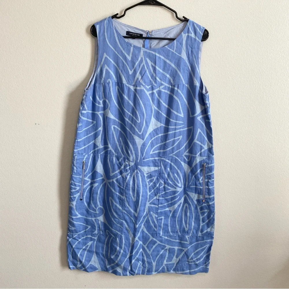 LAFAYETTE 148 Farah Bluebird Multi Leaf Printed Linen Pocket Beachy Dress Size L - Picture 2 of 7